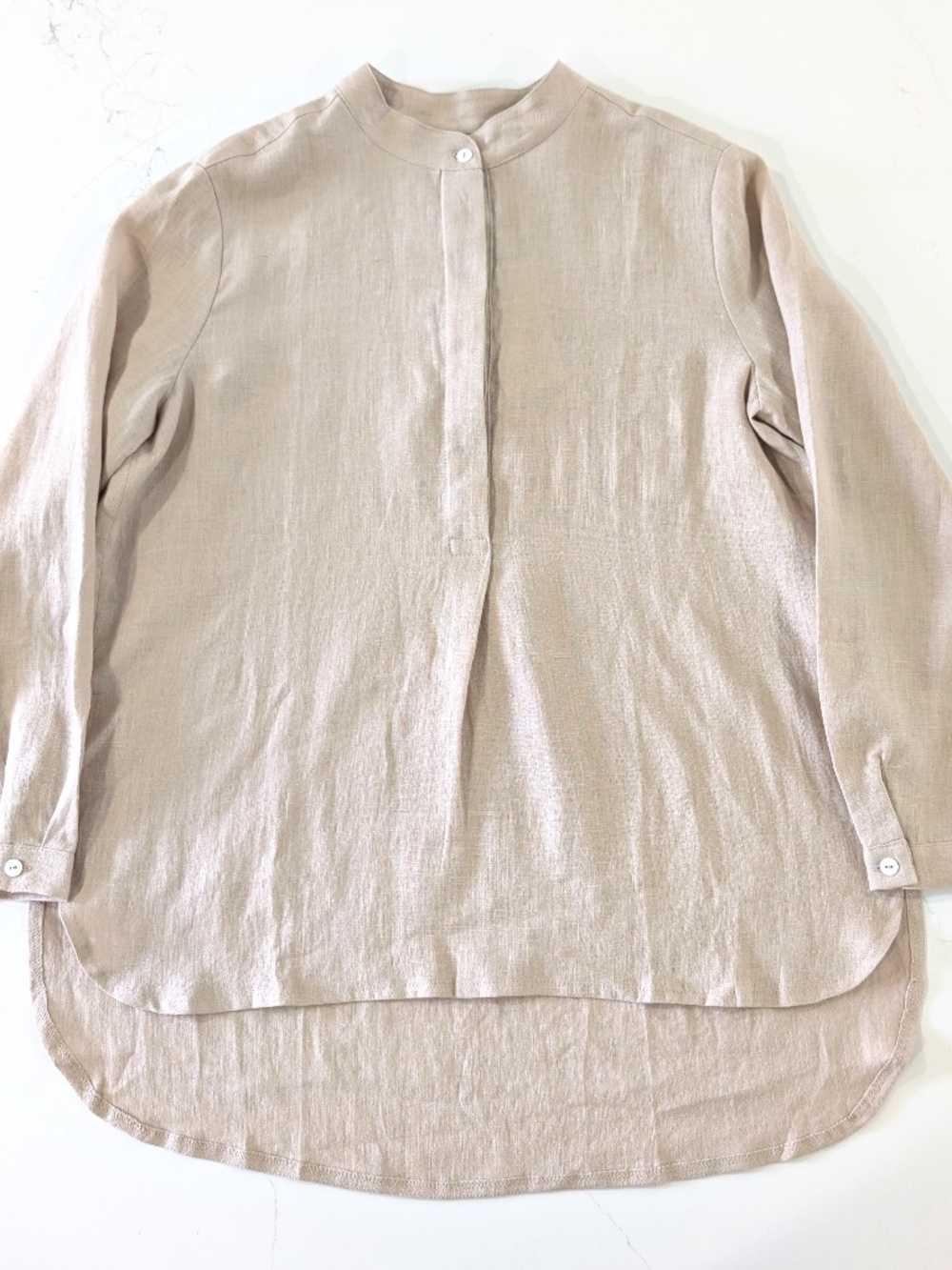 OFFON Linen Mandarin Collar Popover Shirt M Beige Tan Tunic Half Placket NWT